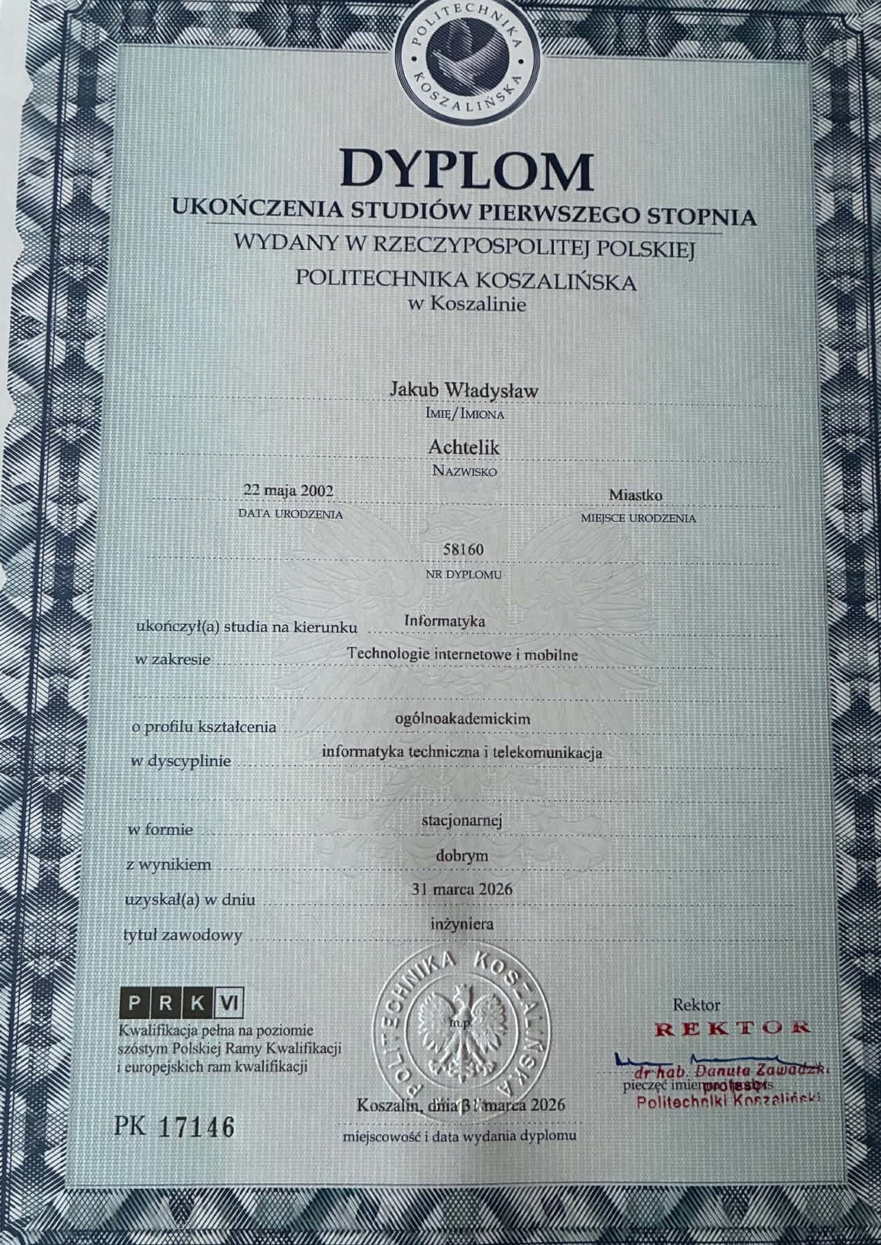 Skan dokumentu: Dyplom Ukończenia Studiów